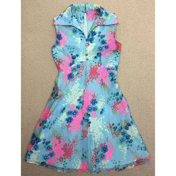 Vintage 70s Floral Dress Empire Waist Button Neon Pink Blue Green - Picture 1 of 16